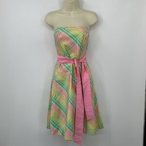 Lilly Pulitzer Sienna silk taffeta plaid strapless dress green pink fit flare 4